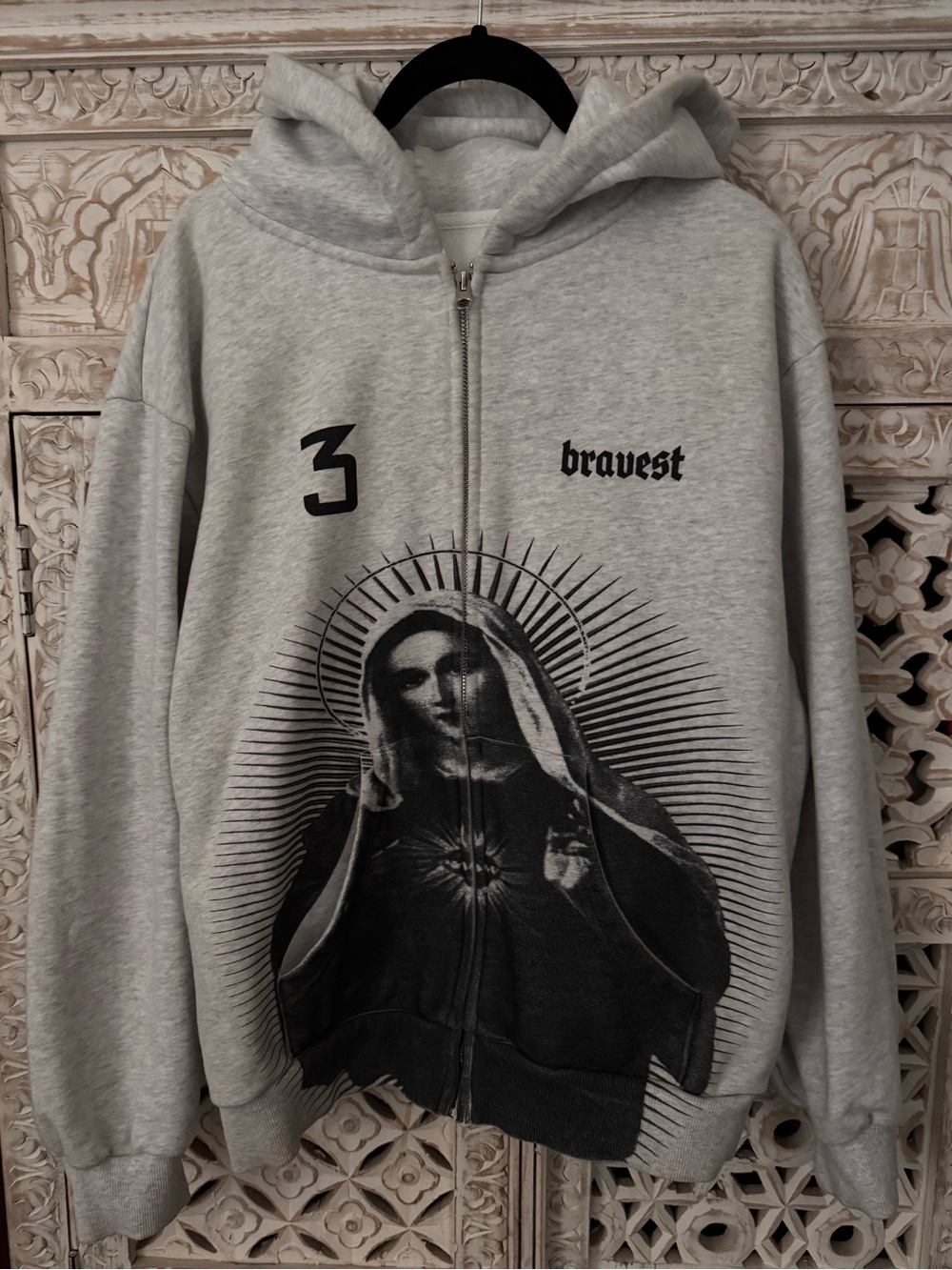 Bravest studios Bravest Gray Zip-Up Hoodie with Graphic Front Saint Mary motif